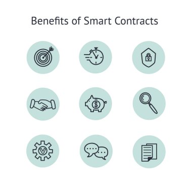 Akıllı sözleşme simgelerinin faydaları. Blockchain teknolojisinin avantajlarının sanat öğelerinin koleksiyonu