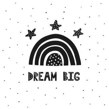 Güzel gökkuşağı ve yıldızlı büyük İskandinav baskısı hayal et. El çizimi harf kartı