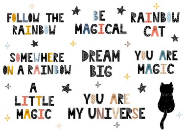 İskandinav tarzında hazırlanmış ön hazırlanmış cümleler. El çizimi harf koleksiyonu