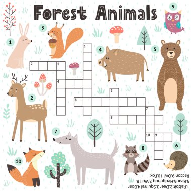 Crossword game for kids with cute forest animals clipart