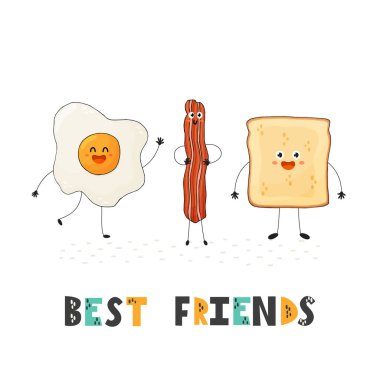 Tatlı yemek karakterleri olan en iyi arkadaş kartı. Yumurta, pastırma ve tost.