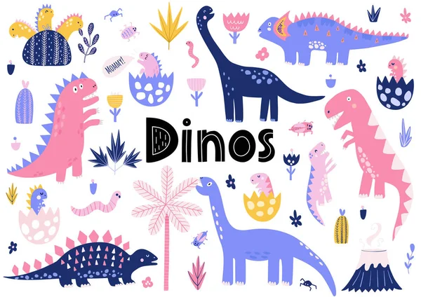 Coleção de dinossauros bonitos com seus dinos bebê — Vetor de Stock