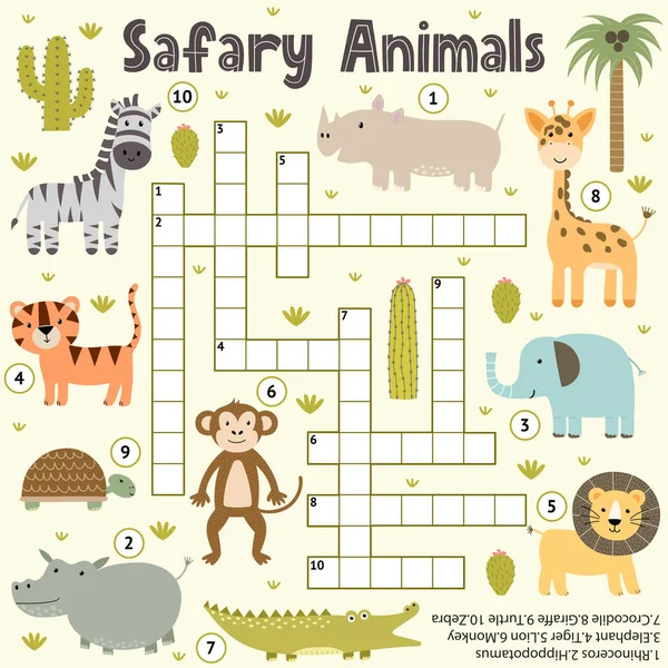 Kruiswoordpuzzel voor kinderen met schattige safari dieren. Woordzoekpuzzel — Stockvector