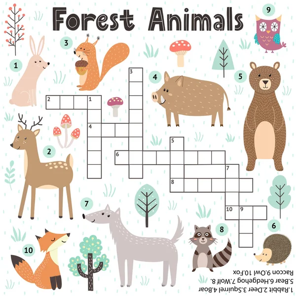 Crucigrama juego para niños con animales del bosque lindo — Archivo Imágenes Vectoriales