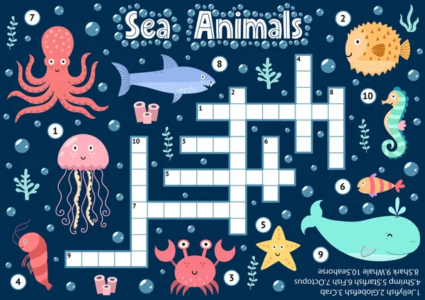 Crucigrama juego de puzzle de animales marinos para niños. Hoja de actividad lógica submarina — Vector de stock