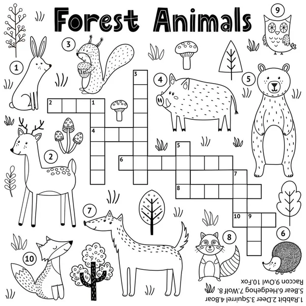 Zwart-wit kruiswoordraadsel voor kinderen met bosdieren. Woodland kleurplaten — Stockvector