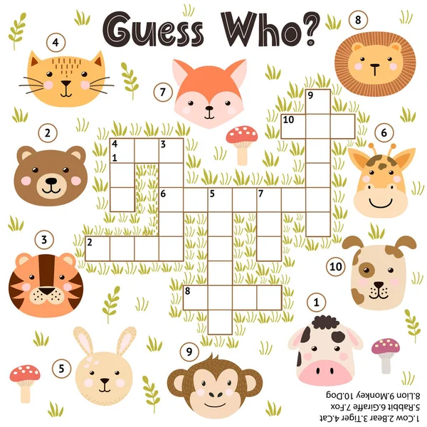 Kreuzworträtsel für Kinder. Raten Sie mal, wer sich mit lustigen Tieren beschäftigt. Bildungspuzzle — Stockvektor