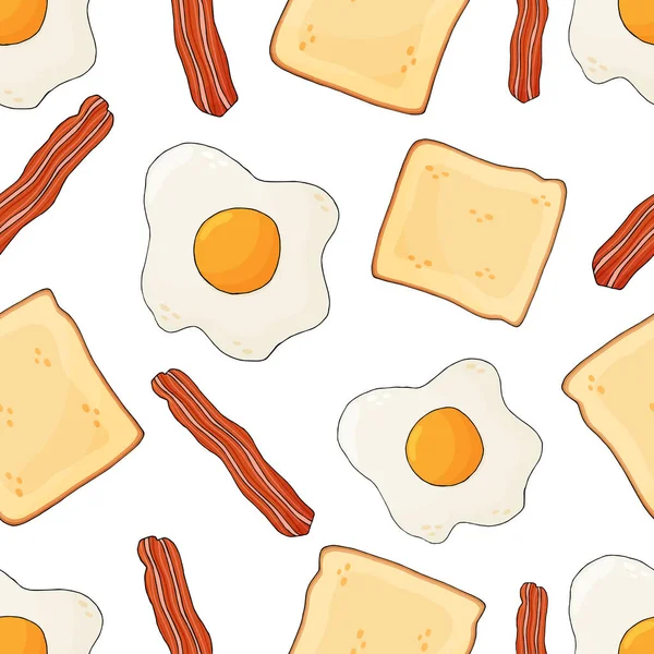 Bacon, scrambled eggs and toast seamless pattern. English breakfast background — Stock Vector