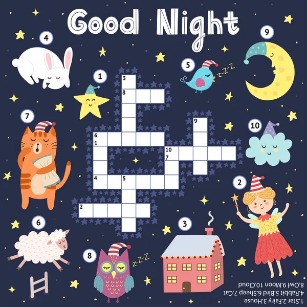 Good Night crossword game for kids. Sweet dreams find word puzzle — 스톡 벡터