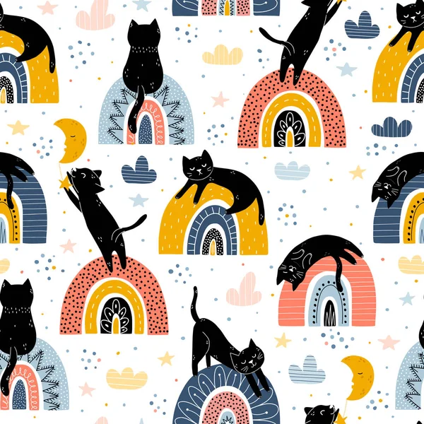 Gatos negros y arco iris fantasía patrón sin costuras — Vector de stock