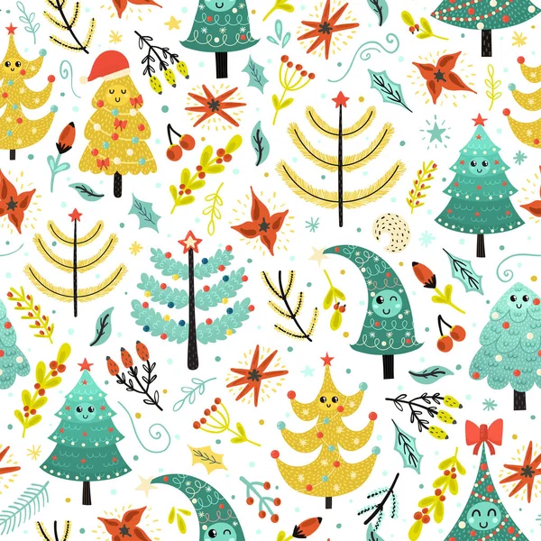 Lumineux Noël motifs sans couture avec des arbres mignons. Contexte pour les enfants — Image vectorielle