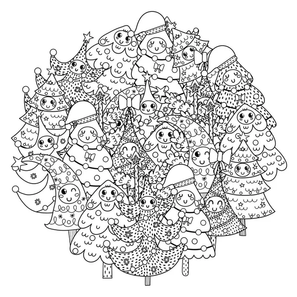Circle shape coloring page with funny Christmas trees — 스톡 벡터