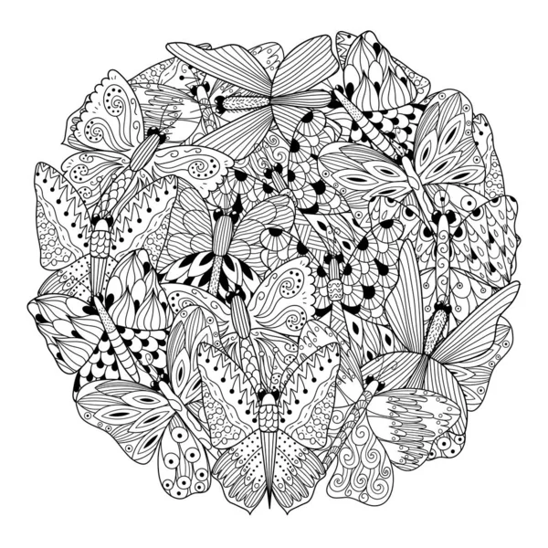 Butterflies circle shape coloring page. Coloring page — ストックベクタ