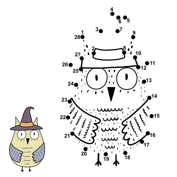 Conectar los números y dibujar un búho divertido en el sombrero de bruja — Archivo Imágenes Vectoriales