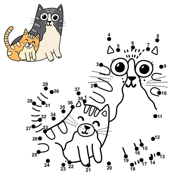 Dot to dot pussel för barn med söta katter - mamma och hennes barn — Stock vektor