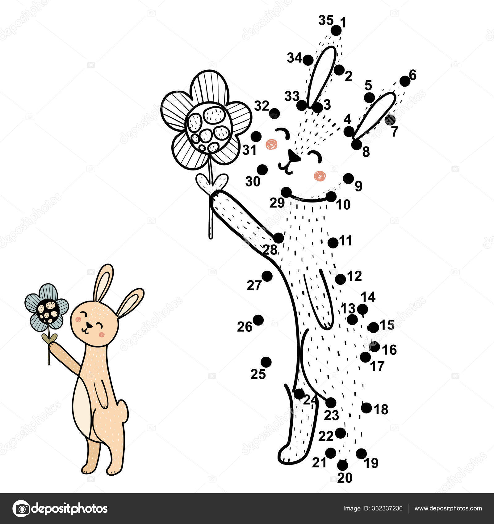 Punkte verbinden, ein niedliches Kaninchen mit einer Blume malen ...