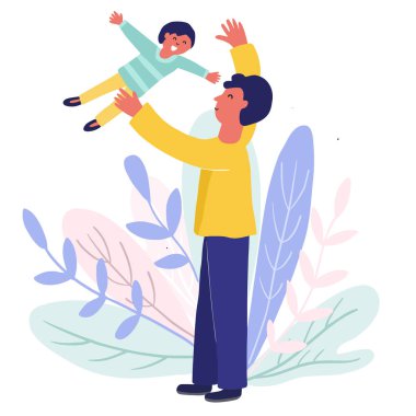 Baba oğlunu havaya fırlatıyor.