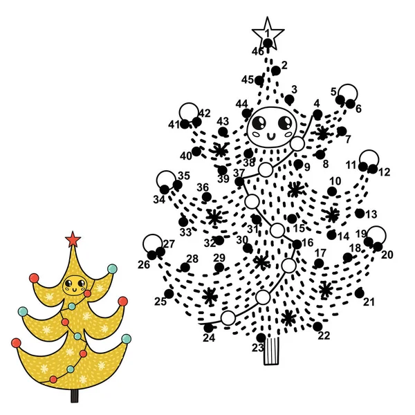 Punkt zu Punkt Zahlenspiel für Kinder. Ziffern verbinden, einen lustigen Weihnachtsbaum zeichnen und bemalen — Stockvektor