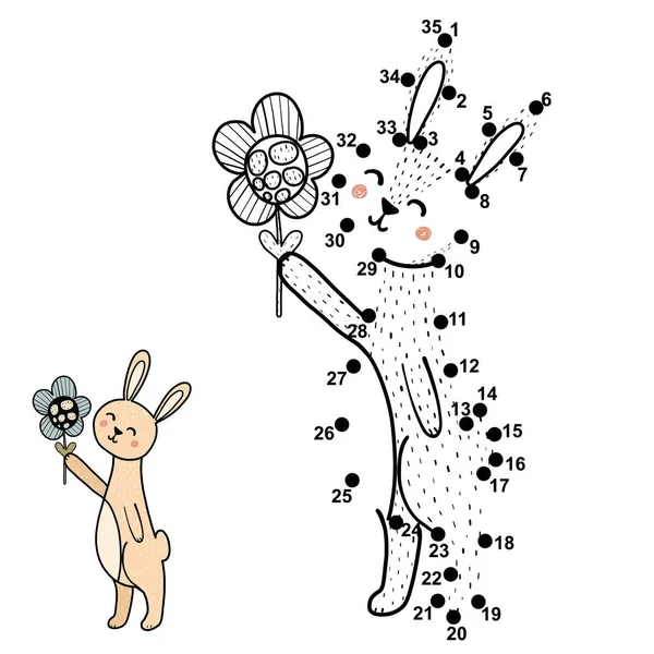 Connectez les points, dessinez et coloriez un joli lapin avec une fleur — Image vectorielle