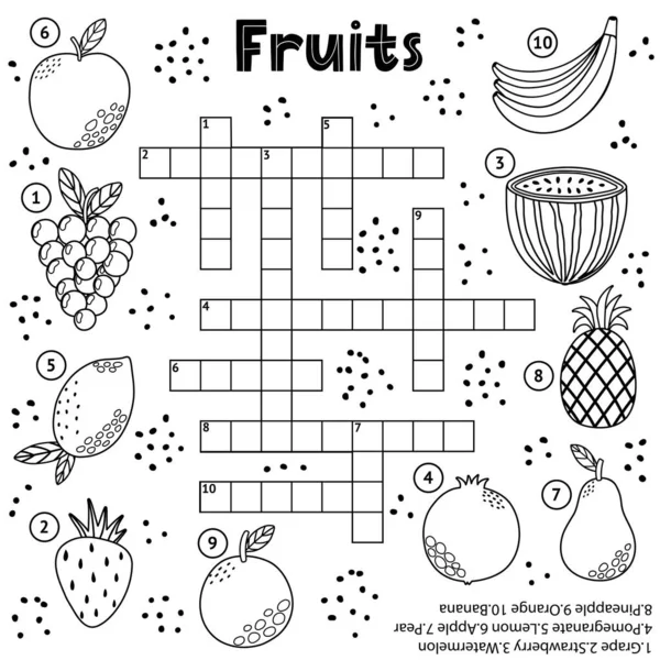 Fekete-fehér keresztrejtvény játék gyümölcsökkel gyerekeknek — Stock Vector