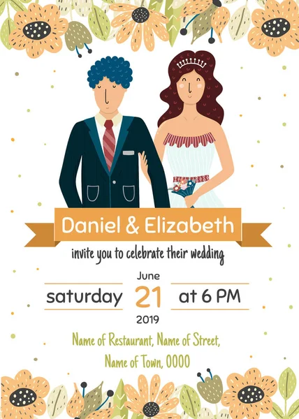 Wedding invitation template with a happy bride and groom