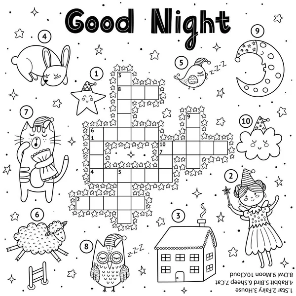 Crucigrama en blanco y negro para niños. Página para colorear tema de buenas noches — Vector de stock