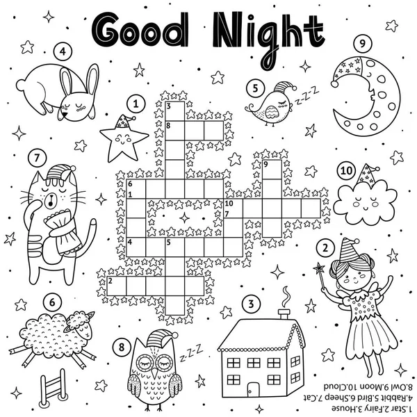 Jeu de mots croisés en noir et blanc pour les enfants. Bonne nuit thème coloriage page — Image vectorielle