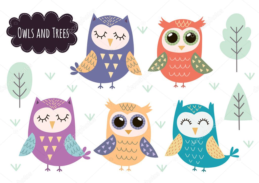 Cute owls collection. Forest animals isolated elements. Set with funny animals. Vector illustration
