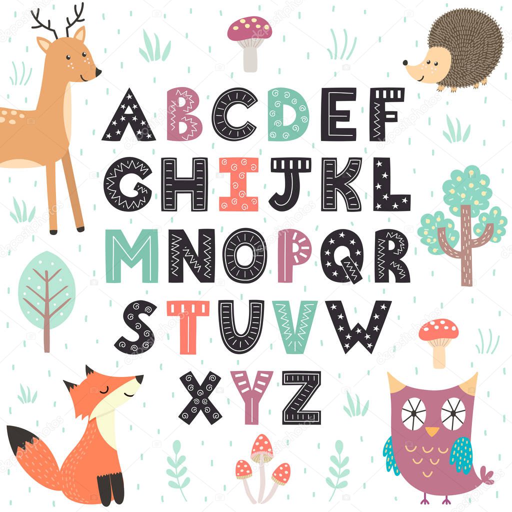 Alphabet poster with cute forest animals. Wall Art for kids