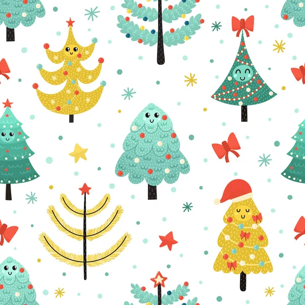 Glada julgranar sömlöst mönster. Rolig bakgrund — Stock vektor