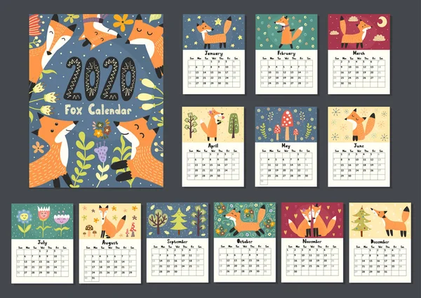 Impresionante calendario de zorros para 2020 año. Doce meses de historia — Vector de stock