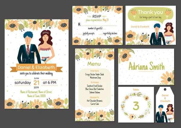 Conjunto de plantillas de invitación de boda con adorables novios — Vector de stock