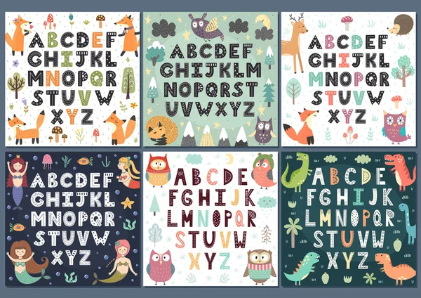 Collection Alphabets avec des personnages mignons. Art mural pour enfants — Image vectorielle