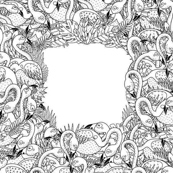 Cadre noir et blanc avec des flamants roses drôles dans le style de la page à colorier — Image vectorielle