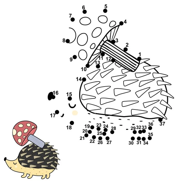 Connect the dots and draw a cute hedgehog carrying a mushroom on its back — 스톡 벡터