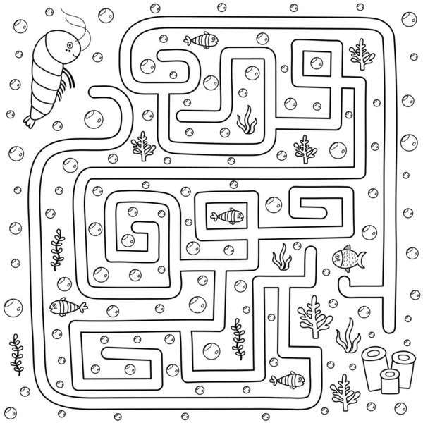 Help the shrimp find the path to her home. Black and white labyrinth for kids — 스톡 벡터