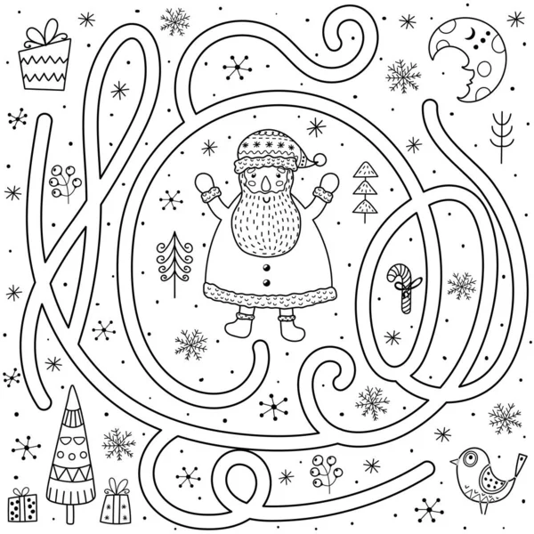 Jeu de labyrinthe noir et blanc pour les enfants. Aidez le Père Noël à trouver le chemin du sapin de Noël — Image vectorielle