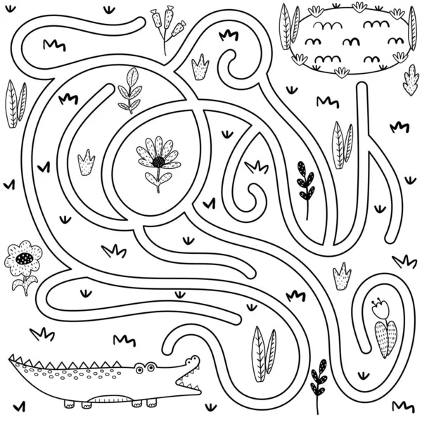 Black and white labyrinth game for kids. Help the crocodile find the way to the river — 스톡 벡터