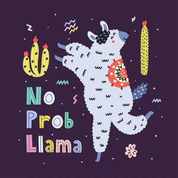 Geen Prob Lama grappige afdruk. Kleurrijke kaart met schattige lama in kinderachtige stijl — Stockvector