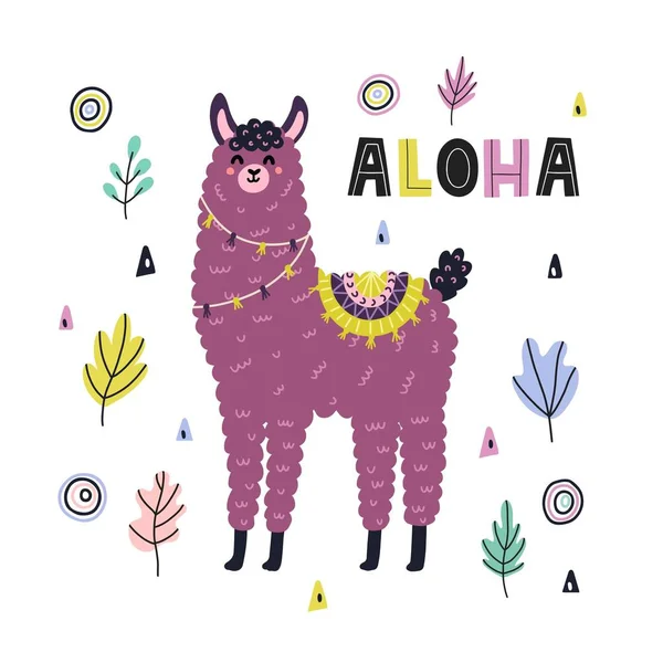 Aloha grappige print met een schattige lama. Kaart met alpaca in kinderachtige stijl — Stockvector