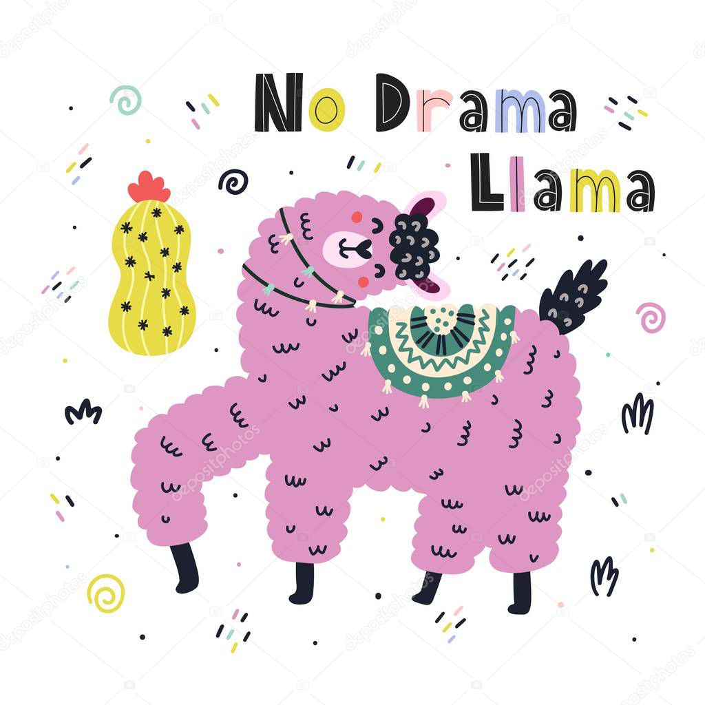 No Drama Llama funny print with hand drawn lettering