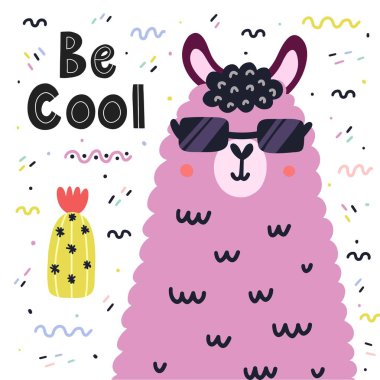 Güneş gözlüklü şirin bir lama ile havalı bir kart ol. Alpaka ile İskandinav baskısı