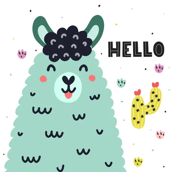 Hola tarjeta con una linda llama. Impresión colorida para niños con lama divertido — Vector de stock