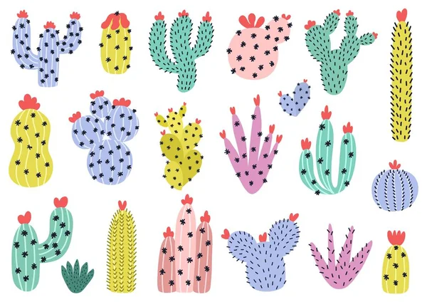 Cactus dibujados a mano. Linda colección de cactus en estilo escandinavo — Archivo Imágenes Vectoriales