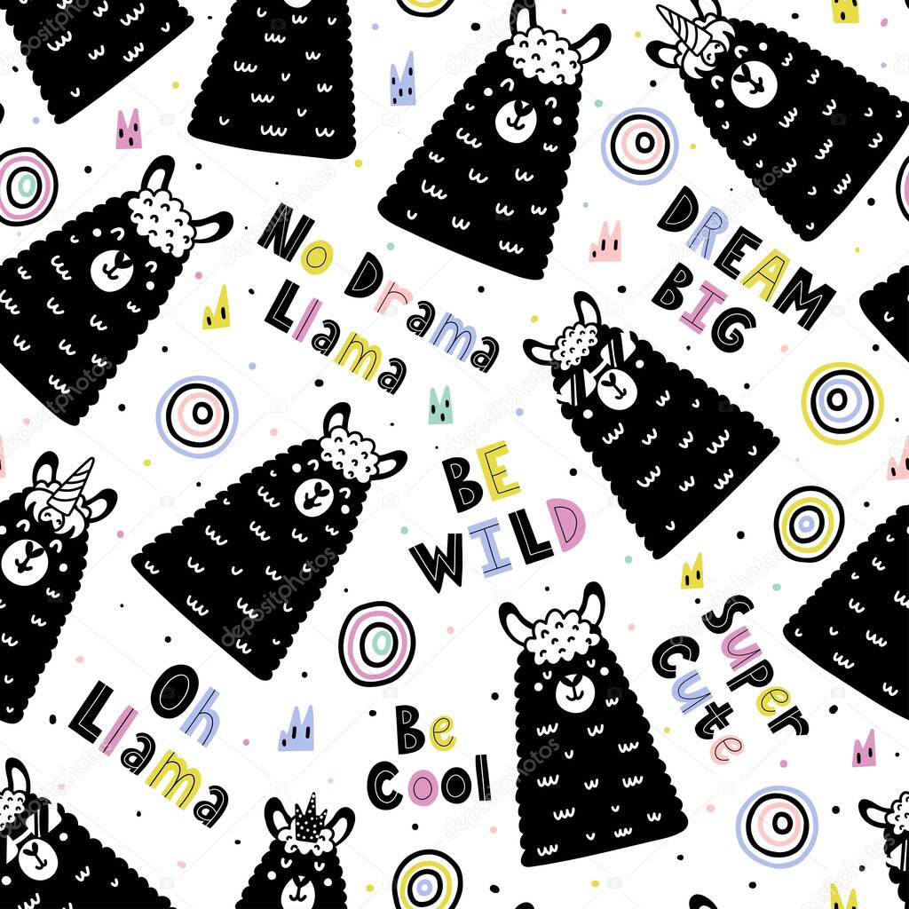 Seamless pattern with funny llamas and hand drawn text