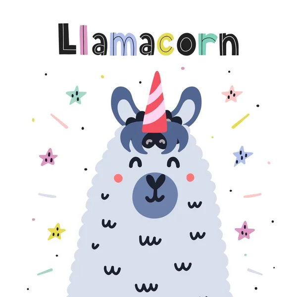 Llamacorn schattige kaart. Grappige print met lama - eenhoorn — Stockvector