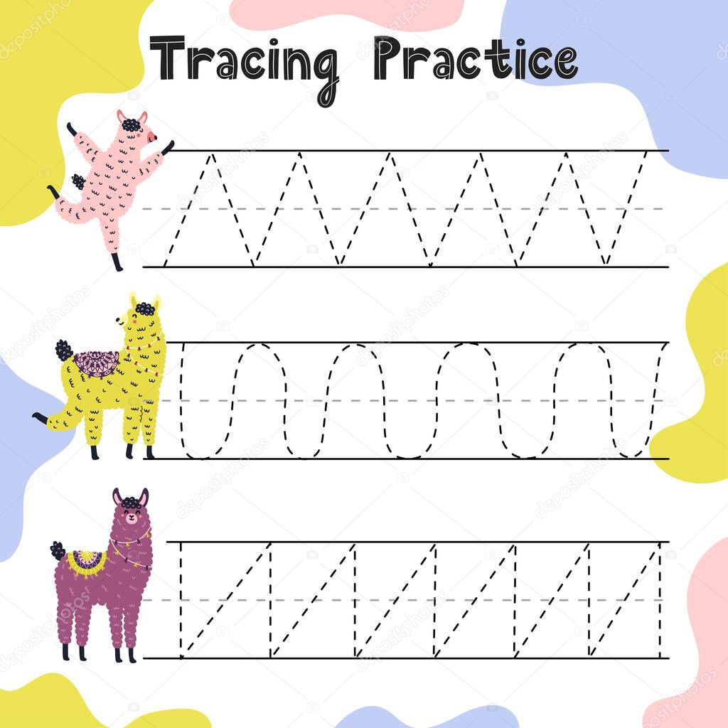 Trace line activity page for kids. Handwriting practice worksheet with funny llamas