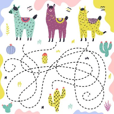 Bil bakalım hangi lama kaktüse gidiyor. Çocuklar için komik alpakalı labirent oyunu