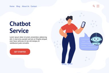 Chatbot pankartı. Robotla sohbet eden bir adam.