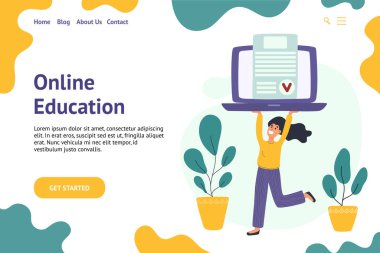 Çevrimiçi eğitim afişi elinde dizüstü bilgisayar tutan bir kız